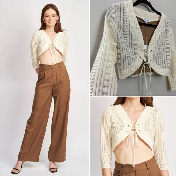 NWT Emory Park Boho Feminine Crochet Eyelet‎ Lace Knit Cream Cropped Sweater M - Picture 1 of 12